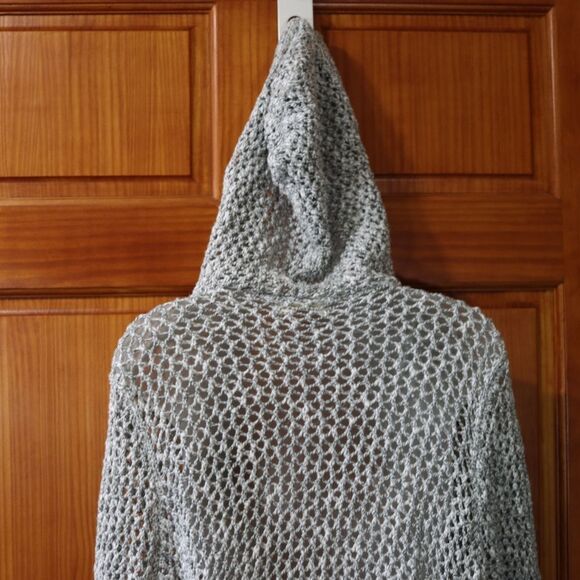 Hollister Vintage Y2K Gray Open Front Open Knit Hooded Cardigan Preppy Sweater L - Picture 2 of 14